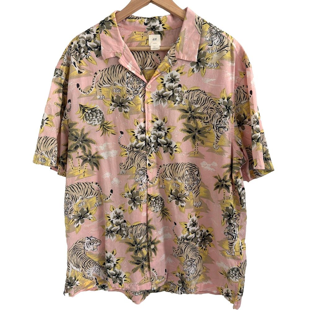 H&M LOGG Mens L Pink Tiger Print Hawaiian Shirt Luau Short Sleeve Cotton Preppy